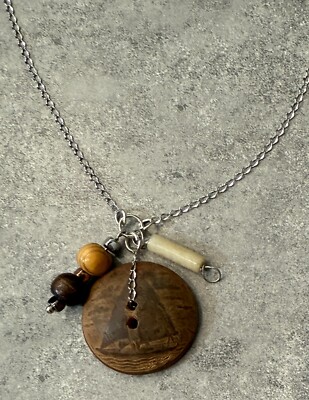  NEW Handcrafted VINTAGE Wood Wooden Sailboat BUTTON Pendant Beads 19'' Necklace 