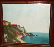 Contemporary oil painting landscape of a seacoast, signed