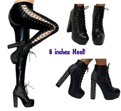 Women Leather shoes Silver Spikes Gothic Punk Dominatrix 6  High Heel Boots
