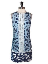 ELIZA J Size 10 Shift Dress Blue White Floral Sleeveless Lace Accent
