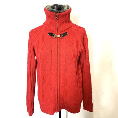 SWEATER PROJECT Women L Red Acrylic Zip Front Cable Knit Cardigan 
