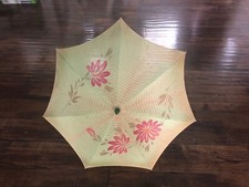 Vintage GREEN FABRIC SILK Parasol Umbrella Flowers w/ Wood Handle