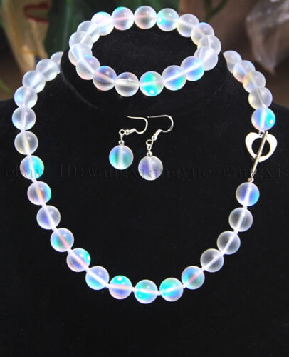 6-12mm White Gleamy Rainbow Moonstone Round Beads Necklace Bracelet Earrings AAA - Picture 1 of 9