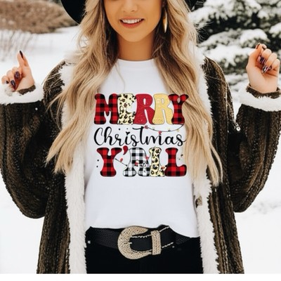 Merry Christmas Y'all Leopard Print Graphic White Oversized Cotton T Shirt Sz M
