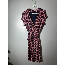 Liz Claiborne Womens Navy Red Geometric Faux Wrap Dress Short Sleeve Medium