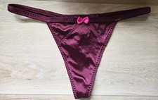 Rare Vintage Victoria's Secret Burgundy Satin Thong V-String Bows Panties L