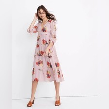 Madewell Blush Floral 3/4 Length Tie Sleeve Midi Dress Size 14 AL294