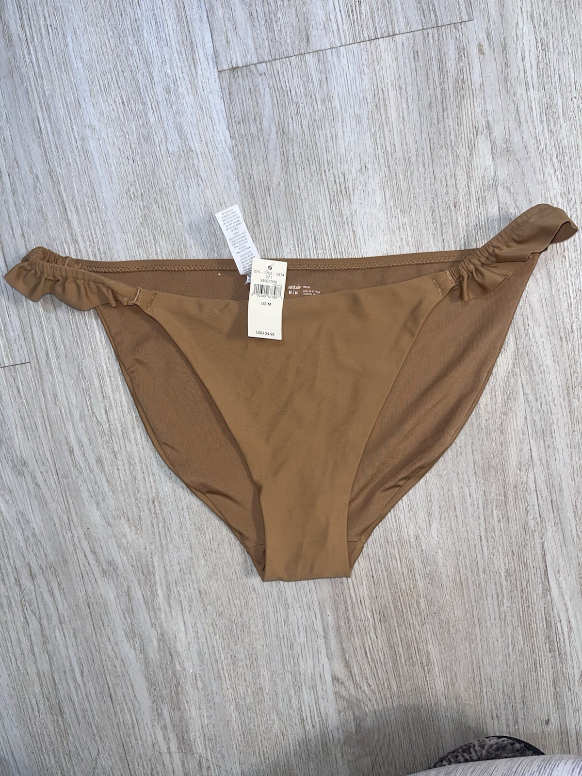 New! Aerie Ruffle Bikini Bottom Brown Lined Stretch Swimwear Size M