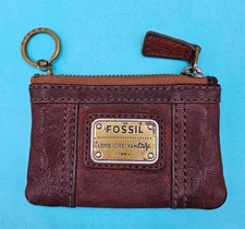 Fossil Leather Key Chain ID Coin Purse Credit Card Holder Brown YKK Zipper