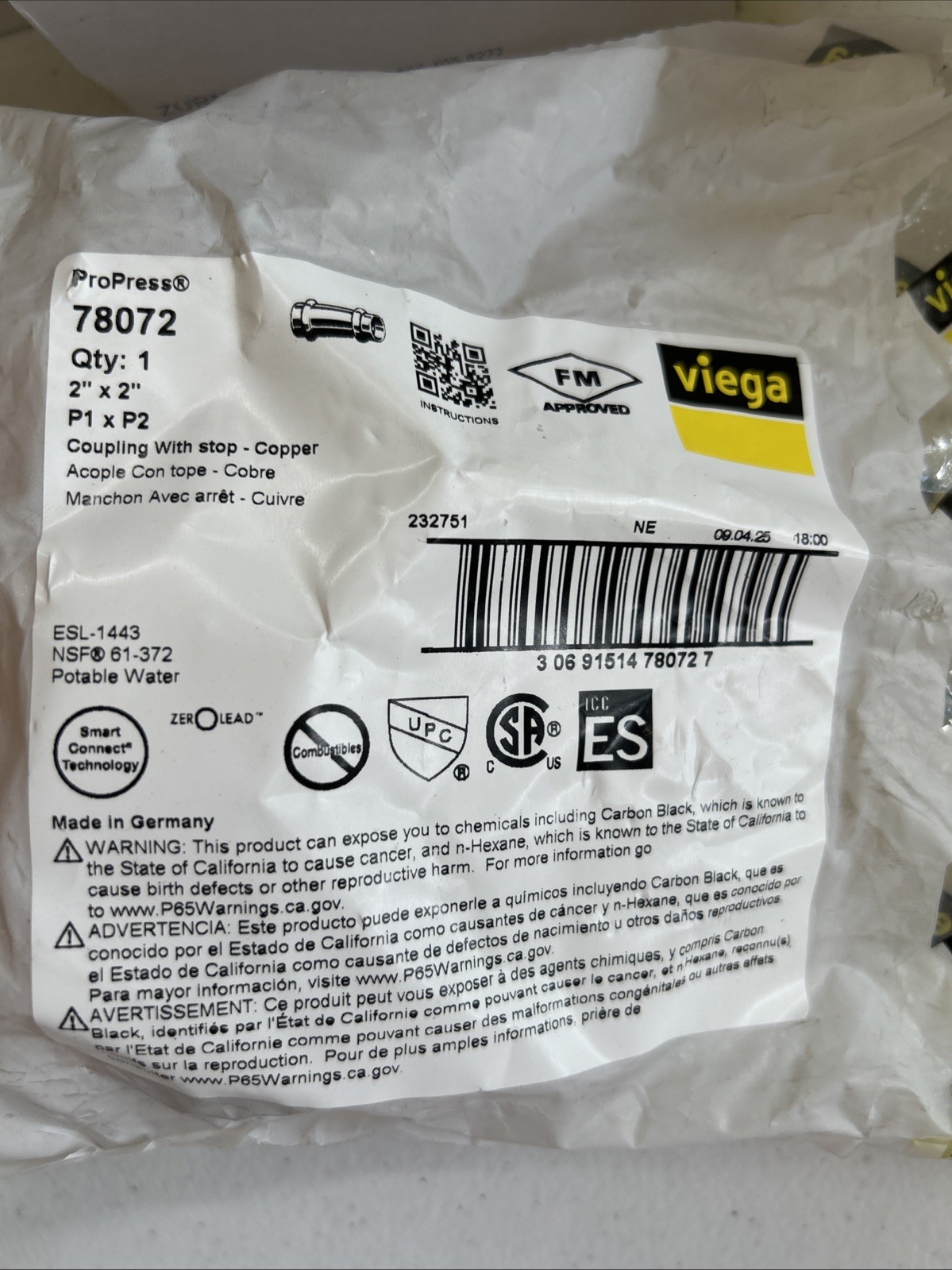 Viego Pro Press 78072 2”x2” P1 X P2 Copper Coupling
