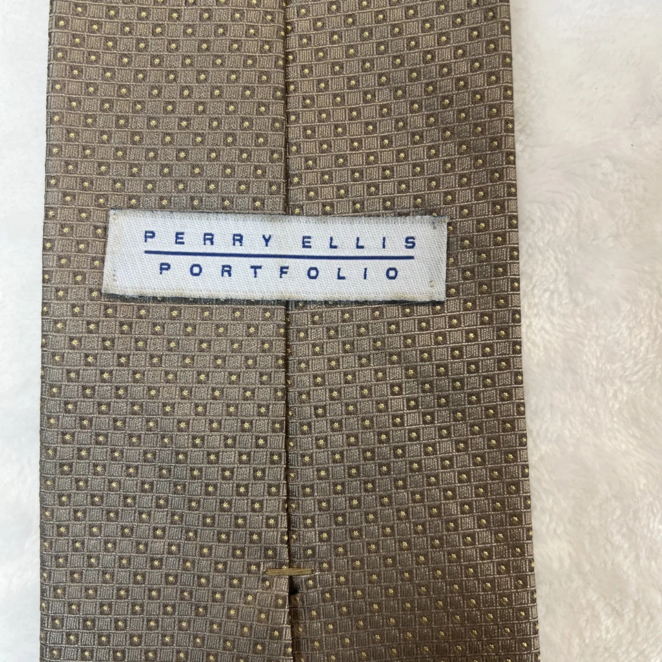 Perry Ellis Portfolio Necktie Tan And Gold  Silk Woven Polka Dot - Image 3 of 4