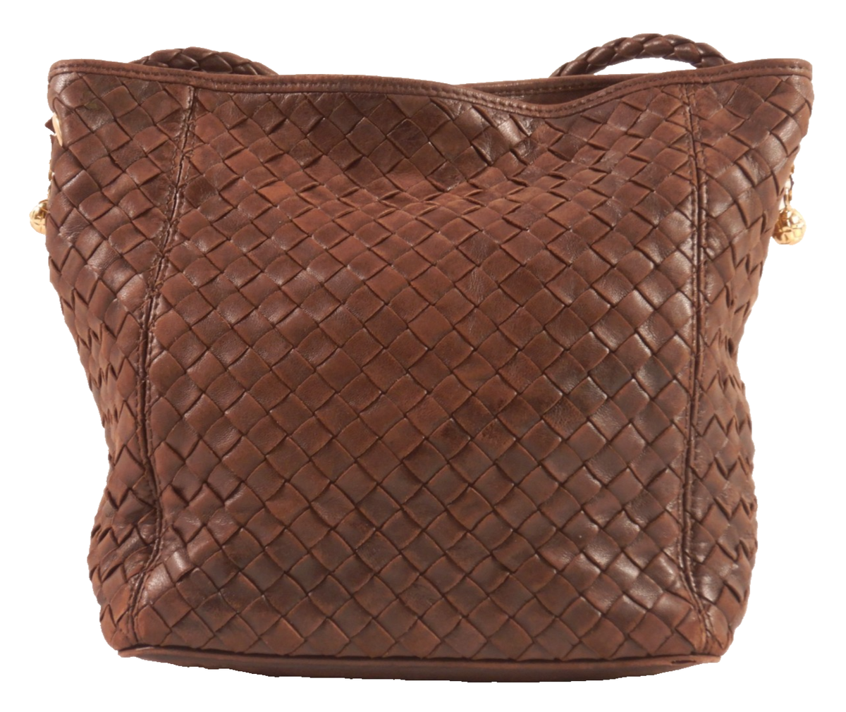 Vintage Bottega Veneta Brown Leather Intrecciato Woven Crossbody