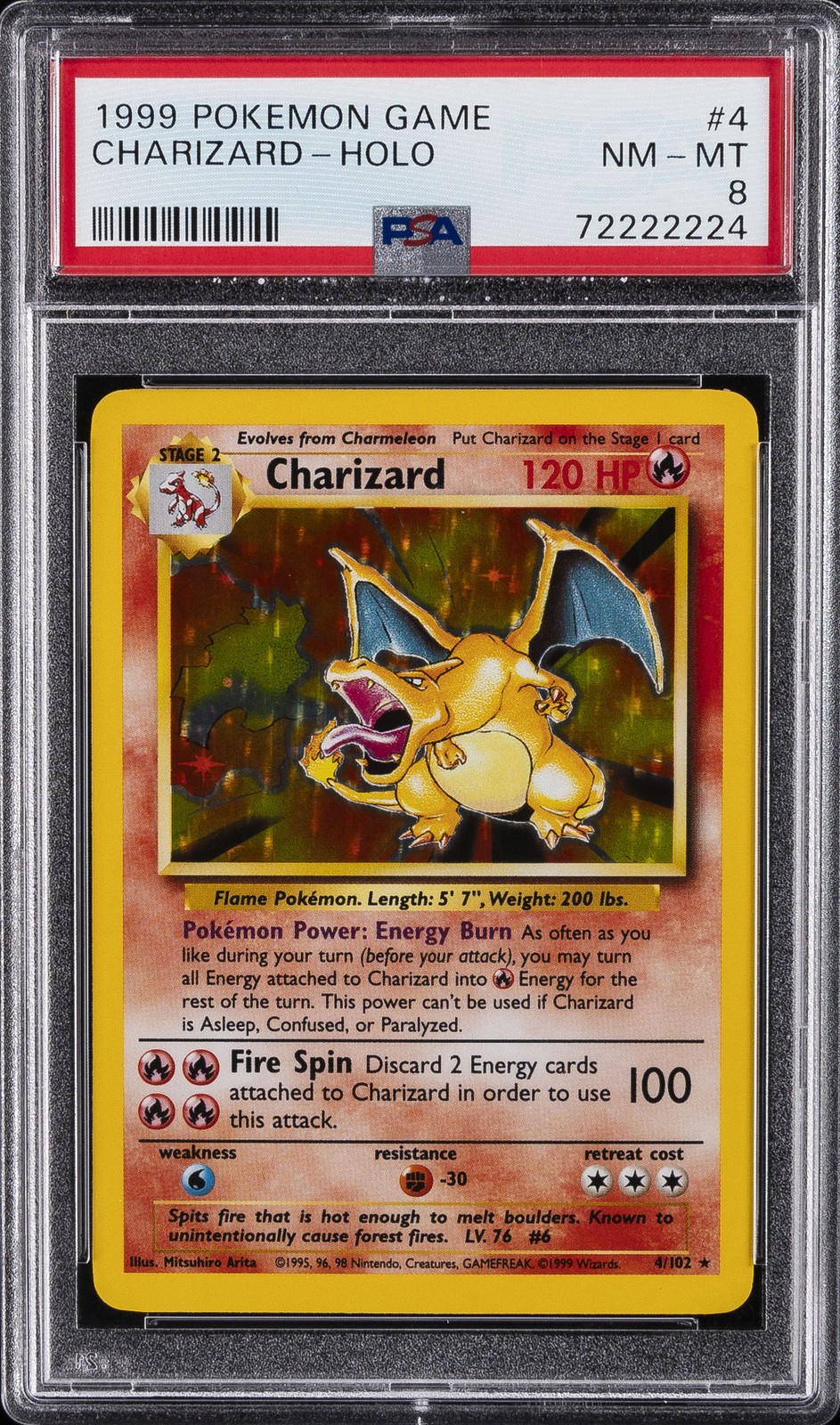 1999 POKEMON BASE SET UNLIMITED #4 CHARIZARD-HOLO PSA 8