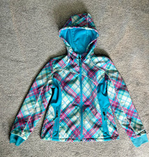 Snozu Hooded Jacket Girls M 10/12 Blue Pink Full Zipper Fleece Lined Zip Pocket