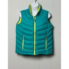 LL Bean Kids Puffer Vest Teal Blue Lime Green Full Zip Quilted Size L 14-16