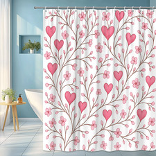 Cute Pink Floral Hearts Shower Curtain, Waterproof Fabric Decor