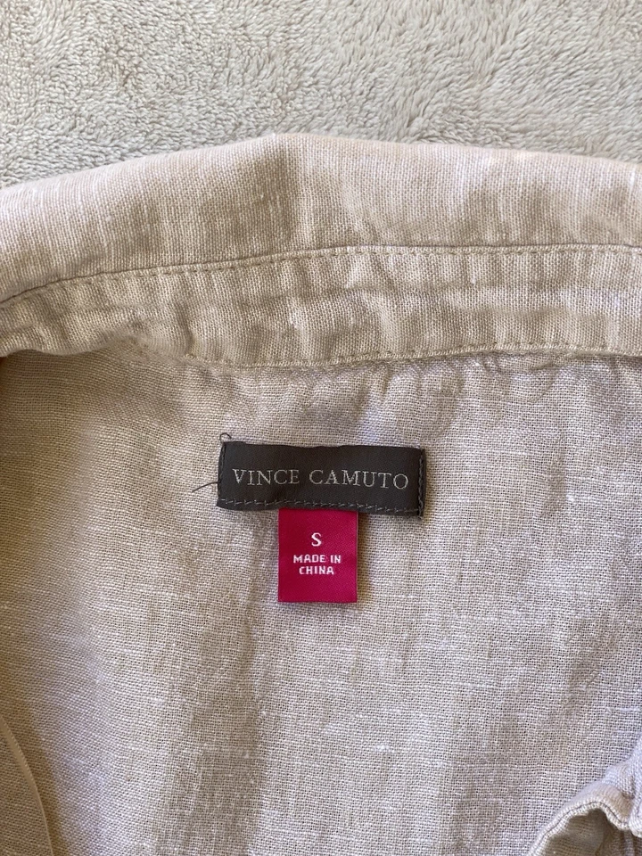 Vince Camuto Women's Linen Beige Khaki Tan Tunic Sz Small Long Sleeve Smocked - Image 3 of 4