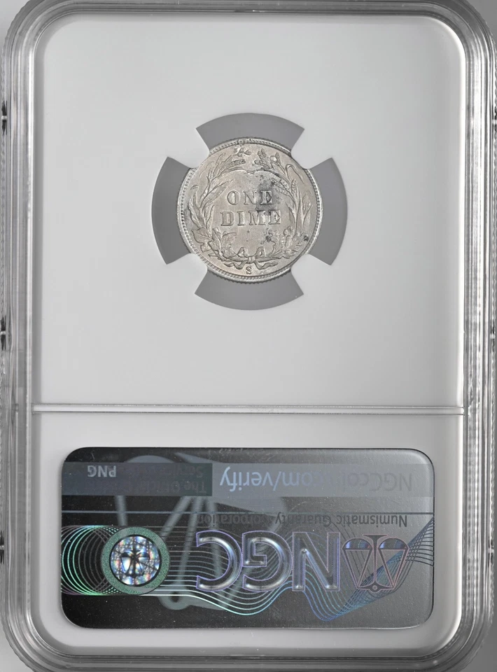 1907-S 10C BARBER СЕРЕБРЯНЫЙ ДЕСЯТИЦЕНТОВИК САН-ФРАНЦИСКО NGC UNC ДЕТАЛИ «ПОВРЕЖДЕНИЕ» 8404753-020 - Изображение 4 из 4