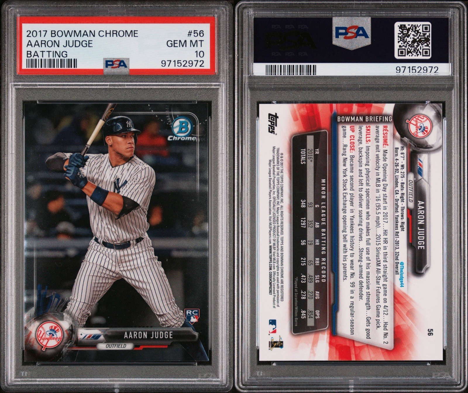 2017 BOWMAN CHROME BATTING #56 AARON JUDGE ROOKIE RC PSA 10 view 3