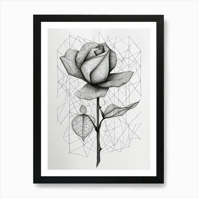 Englische Rose geometrische Linienzeichnung gerahmtes Wandbild Poster Leinwanddruck Bild
