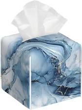 Tissue Box Cover Modern Square Leather Tissue Holder Decorative Blue Marble