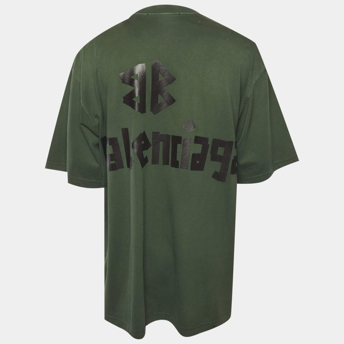 Balenciaga Unisex Green Logo Tape Print Jersey Distressed TShirt M