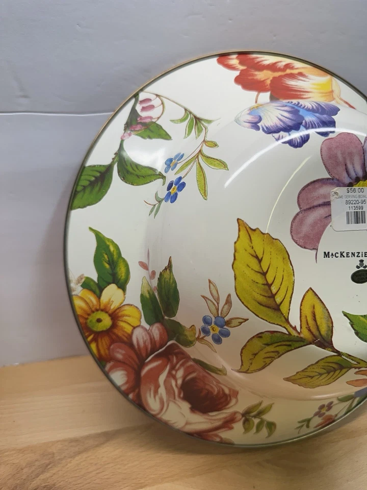 Cuenco para servir MacKenzie Childs Flower Market esmalte blanco borde ancho plano 11,75" Foto 4 de 4