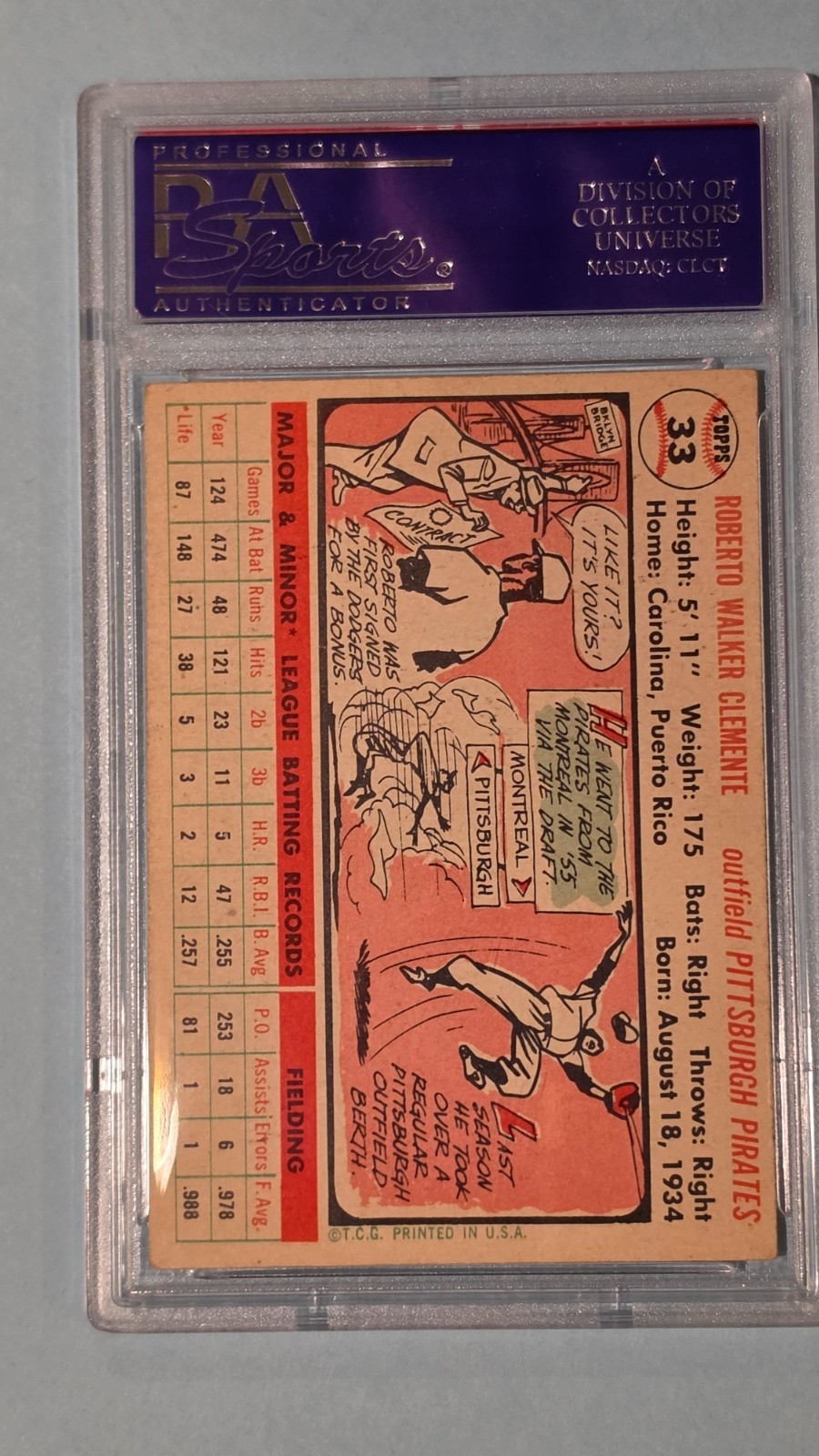 1956 Topps #33 Roberto Clemente Graded PSA EX 5 view 2