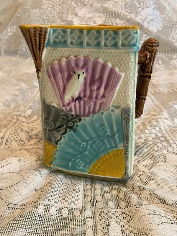 Vintage Majolica Triangular Pitcher Fan & Owl Pattern Vibrant Multicolor Design