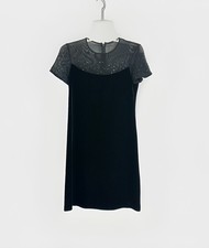 Vintage Women’s M Little Black Velvet Dress Sheer Beaded Elegant Cocktail Party
