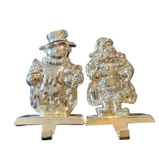 Stocking Holders Hangers Shiny Silver Tone Santa Claus & Snowman