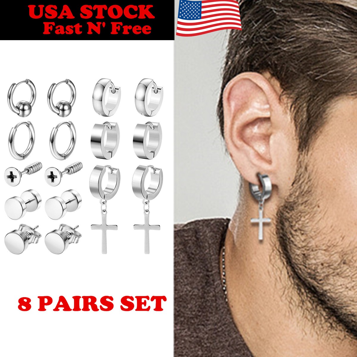 16 PACK Earrings Stud Stainless Steel Punk Piercings Men 16 PACK Earrings Stud Stainless Steel Punk Piercings Men