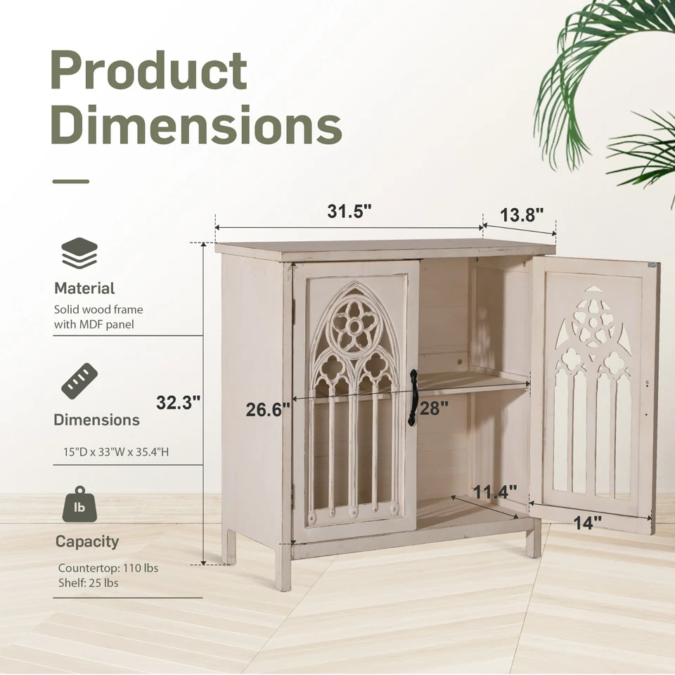 Vitrina de almacenamiento de acento envejecido con puertas de ventana de iglesia talladas huecas Foto 2 de 4