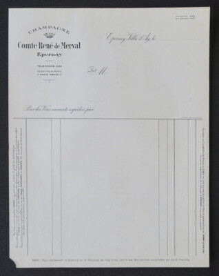 Rechnung Jungfrau Champagner COMTE RENE DE MERVAL EPERNAY Billhead Rechnung