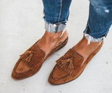 Womens Suede Pointed Toe Mules Casual Slip-On Tassel Flats Loafer Oxfords Shoes