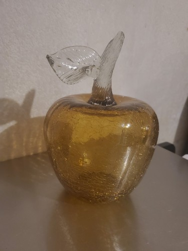 Light Amber Crackle Glass APPLE w/ Clear Stem Decor Sculpture Figurine 