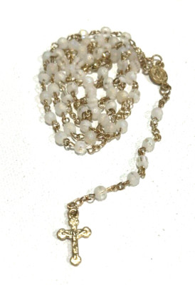 White Frosted Glass Bead, Rosary Necklace, 24'' Neck,  Organza Pouch