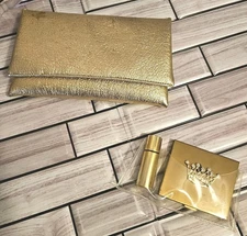 VTG Gold Color Make-up Cosmetics Bag With Compact Mirror & Perfume Bottle Holder