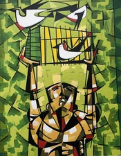Lyzette Rosado? Original Serigraph Cubist Man Releasing Pigeons Puerto Rico