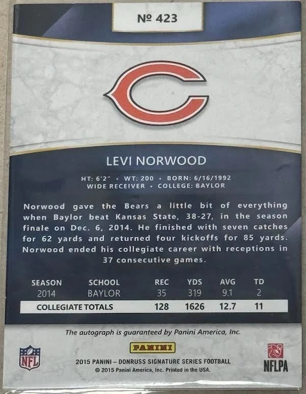 2015 Panini Donruss Signature Series Rookies Levi Norwood #423 Rookie Auto RC - Image 2 of 2