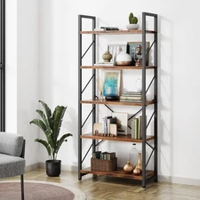 5 Tiers Bookshelf, Classically Tall Bookcase Shelf, Industrial Book Rack, Mod...