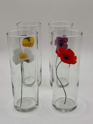 4 Anchor Hocking Poppy Tom Collins Mix Set Vintage Floral Highball Tumbler Lot