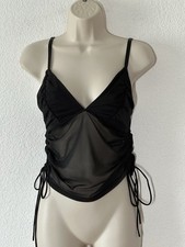 Y2K Black Lace Sheer Cami Tank Top Stretch Ruched Side Whimsigoth Fairy Grunge M