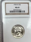 1955 D Washington Quarter Graded MS 65 by NGC - Bright White/Nice Luster