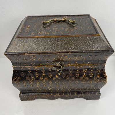 Three Hands Corp Latching Wooden Chest Box Black Fleur-de-lis Pattern W/ Handles