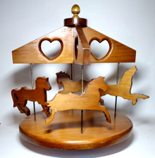 Vintage Handcrafted Wooden Spinning Carousel Four Horses  Wood and Brass