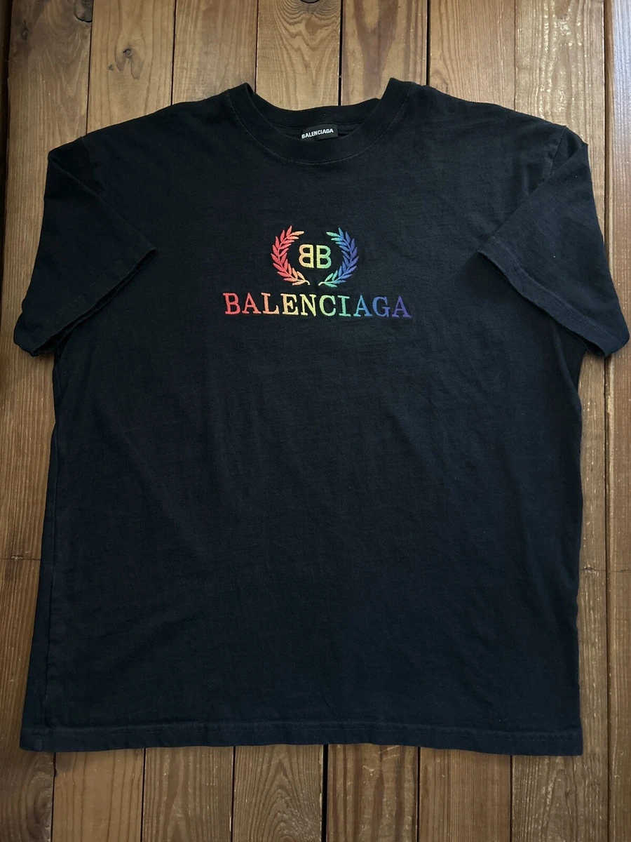Balenciaga Rainbow Embroidered Logo Black Tee Shirt Size Large | eBay