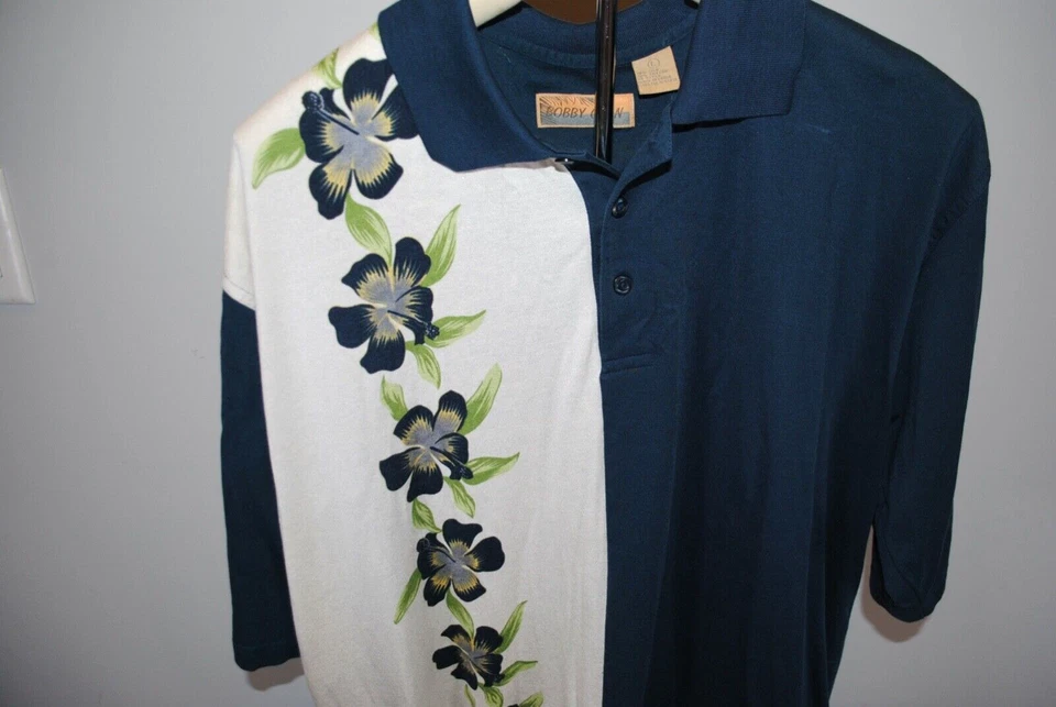 Bobby Chan Mens Hawaiian Shirt Blue & Wht Short Sleeve  Polo  Silk Blend  Size L - Image 2 of 4