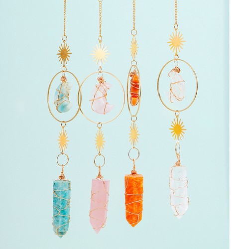 Natural Crystal Point Wire Wrapped Wind Chime Moon Sun Catchers Colgante - Imagen 6 de 21