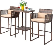 3 PCS Patio Bar Set Wicker,Outdoor Bar Table&Stools with Storage Shelf &Cushions